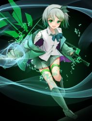 Rule 34 | 1girl, alternate costume, bad id, bad pixiv id, black footwear, blazer, boots, bow, bowtie, full body, green eyes, hair ribbon, hairband, jacket, knee boots, konpaku youmu, long sleeves, looking at viewer, open mouth, pleated skirt, radiosity (yousei), ribbon, short hair, silver hair, skirt, solo, standing, sword, thigh strap, touhou, transformation, weapon