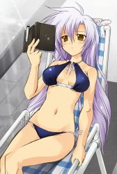 Rule 34 | 1girl, ahoge, akatsuki no amaneka to aoi kyojin, alternate eye color, bikini, blue bikini, blush, book, breasts, brown eyes, cal ruslan, chair, cleavage, colorized, day, feathers, from above, front-tie top, hair ornament, halterneck, highres, komatsu eiji, large breasts, light rays, long hair, lounge chair, lowleg, lowleg bikini, navel, open book, outdoors, partially colored, pen, pool, poolside, reading, reclining, ribbon, shirogane no cal to soukuu no joou, side-tie bikini bottom, solo, source request, striped, sunbeam, sunlight, swimsuit, twintails, underboob, vector trace, very long hair, water, white hair