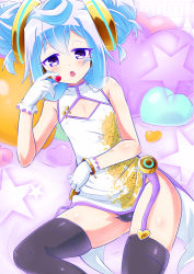 Rule 34 | 10s, 1boy, adapted costume, alternate hairstyle, bare shoulders, black thighhighs, blue eyes, blue hair, blush, bulge, china dress, chinese clothes, cleavage cutout, clothing cutout, crossdressing, dress, hacka doll, hacka doll 3, heart, heart-shaped food, long hair, looking at viewer, male focus, matching hair/eyes, nami makoto, open mouth, panties, pantyshot, solo, thighhighs, trap, underwear