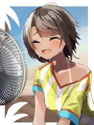 Rule 34 | 1girl, absurdres, blush, brown hair, closed eyes, electric fan, highres, hololive, hot, leaning forward, oozora subaru, oozora subaru (1st costume), open mouth, shirt, shirt slip, short hair, sitting, smile, solo, striped clothes, striped shirt, sweat, t-shirt, tan, tanline, tsushi, vertical-striped clothes, vertical-striped shirt, virtual youtuber
