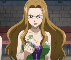 Rule 34 | 1girl, breasts, brown eyes, brown hair, cleavage, evergreen (fairy tail), fairy tail, female focus, glasses, highres, large breasts, lips, lipstick, long hair, makeup, pink lips, screencap, serious, solo, stitched, tattoo, third-party edit