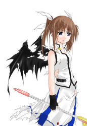 Rule 34 | 00s, 1girl, bare shoulders, blue eyes, brown hair, fingerless gloves, gloves, lyrical nanoha, mahou shoujo lyrical nanoha, mahou shoujo lyrical nanoha a&#039;s, raising heart, short hair, solo, takamachi nanoha, torn clothes, twintails, wand, wings