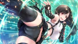 Rule 34 | 1girl, bike shorts, black hair, black skirt, breasts, earrings, elbow gloves, elbow pads, final fantasy, final fantasy vii, final fantasy vii remake, fingerless gloves, gloves, highres, jewelry, kicking, long hair, low-tied long hair, midriff, pencil skirt, red eyes, shirt, shorts, shorts under skirt, skirt, smile, solo, suspender skirt, suspenders, tank top, taut clothes, taut shirt, tifa lockhart, v-mag, white tank top