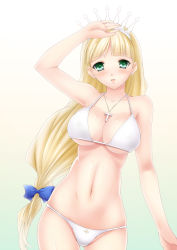 Rule 34 | 1girl, arm up, between breasts, bikini, blonde hair, blush, bow, breasts, clalaclan philias, collarbone, cross, cross necklace, earrings, gradient background, green eyes, hair bow, highres, jewelry, large breasts, lintanghaseo, long hair, looking at viewer, navel, necklace, parted lips, sega, shining (series), shining wind, shiny skin, skindentation, solo, strap gap, swimsuit, thigh gap, tiara, very long hair, white bikini