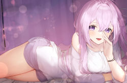 Rule 34 | 1girl, bed, blush, bracelet, breasts, commission, curtains, hand on own face, highres, jewelry, koyo akio, large breasts, long hair, looking at viewer, lying, on side, open mouth, pink eyes, pink hair, shorts, skeb commission, smile, solo, thighs