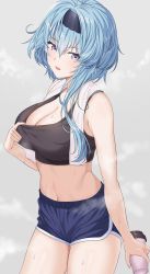Rule 34 | 1girl, adjusting clothes, alternate costume, aqua hair, asymmetrical hair, bare arms, black hairband, black sports bra, blue eyes, blue shorts, blurry, blurry background, bottle, breasts, cleavage, cowboy shot, eula (genshin impact), genshin impact, grey background, hair between eyes, hairband, highres, holding, holding bottle, large breasts, looking at viewer, navel, o-los, parted lips, short shorts, shorts, sidelocks, sports bra, stomach, sweat, thighs, towel, towel around neck, workout clothes