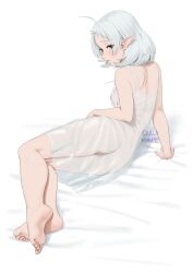 Rule 34 | 1girl, absurdres, ahoge, arm support, artist name, ass, barefoot, bed sheet, blush, breasts, carlo montie, cleft of venus, closed mouth, commentary, commission, dress, elf, english commentary, feet, full body, grey hair, highres, long pointy ears, looking at viewer, medium hair, mushoku tensei, nipples, parted bangs, pointy ears, profile, pussy, red eyes, see-through, see-through dress, sidelocks, simple background, sleeveless, sleeveless dress, small breasts, soles, solo, sylphiette (mushoku tensei), toes, white background