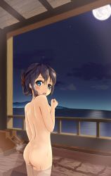 Rule 34 | 1girl, absurdres, ass, black hair, blue eyes, blush, breasts, cloud, cowboy shot, full moon, hair between eyes, highres, kantai collection, looking at viewer, looking back, moon, night, night sky, nude, ocean, open mouth, outdoors, shigure (kancolle), sky, small breasts, solo, standing, star (sky), starry sky, wading, zuki