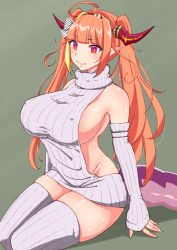 Rule 34 | 1girl, ahoge, alternate costume, backless dress, backless outfit, bare shoulders, blonde hair, blunt bangs, blush, bow, breasts, closed mouth, covered erect nipples, detached sleeves, dragon girl, dragon horns, dress, fang, fang out, grey sweater, grey thighhighs, hair intakes, hairband, halterneck, highres, hokke (fryinghokke), hololive, horn bow, horn ornament, horns, huge breasts, kiryu coco, long hair, looking at viewer, meme attire, multicolored hair, naked sweater, orange hair, pointy ears, red eyes, ribbed legwear, ribbed sweater, shiny skin, sideboob, sitting, skin fang, solo, streaked hair, sweater, sweater dress, tail, thighhighs, turtleneck, turtleneck sweater, twintails, very long hair, virgin killer sweater, virtual youtuber