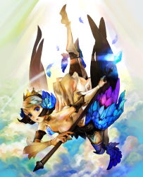 Rule 34 | 1girl, absurdres, armor, armored dress, artbook, dress, feathers, flying, gwendolyn (odin sphere), highres, kamitani george, leg wings, low wings, multicolored wings, odin sphere, official art, polearm, solo, spear, strapless, strapless dress, weapon, wings