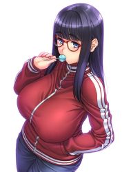 Rule 34 | 1girl, blue eyes, blue pants, blunt bangs, blush, breasts, candy, copyright request, cowboy shot, food, freckles, from above, gender request, genderswap, glasses, holding, holding food, jacket, large breasts, lollipop, long hair, long sleeves, looking at viewer, looking up, magaki ryouta, pants, pocket, purple hair, red-framed eyewear, red jacket, sidelocks, solo, standing, sweets, track jacket, zipper