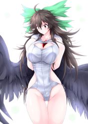 Rule 34 | 1girl, ahoge, alternate costume, bare arms, bare legs, between breasts, bird wings, black wings, bow, breasts, bright background, brown hair, cleavage, cleavage cutout, closed mouth, clothing cutout, collarbone, commentary request, flying sweatdrops, g (genesis1556), gluteal fold, green bow, groin, hair between eyes, hair bow, hands up, highres, hip focus, huge bow, huge breasts, leotard, long hair, looking down, no panties, red eyes, reiuji utsuho, side-tie leotard, side slit, sideboob, solo, standing, third eye, touhou, white background, wings