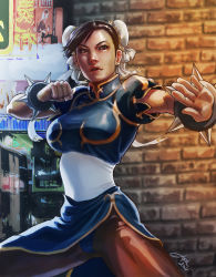 Rule 34 | 1girl, bracelet, brown eyes, brown hair, bun cover, capcom, china dress, chinese clothes, chun-li, double bun, dress, earrings, fighting stance, highres, jewelry, jophiel ray saura, pantyhose, pelvic curtain, short hair, solo, spiked bracelet, spikes, street fighter