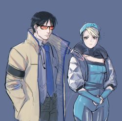 Rule 34 | 1boy, 1girl, apex legends, arrow (symbol), bailian, beige jacket, beret, black eyes, black hair, blonde hair, blue gloves, blue necktie, blue shirt, breasts, collared shirt, cosplay, crypto (apex legends), crypto (apex legends) (cosplay), fullmetal alchemist, gloves, grey jacket, hair behind ear, hand in pocket, hat, haute drop wattson, highres, inconspicuous crypto, jacket, looking down, necktie, own hands together, riza hawkeye, roy mustang, shirt, small breasts, sunglasses, wattson (apex legends), wattson (apex legends) (cosplay)