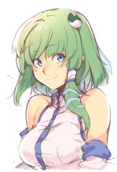 Rule 34 | 1girl, bare shoulders, blue eyes, breasts, commentary request, detached sleeves, frog hair ornament, green hair, hair ornament, hair tubes, kaiza (rider000), kochiya sanae, large breasts, looking at viewer, shirt, short hair, simple background, single sidelock, sketch, smile, snake hair ornament, solo, touhou, upper body, white background, white shirt