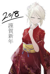 Rule 34 | 1girl, 2018, alternate costume, alternate hairstyle, dated, floral print, flower, hair flower, hair ornament, hand up, highres, japanese clothes, kimono, looking at viewer, mizuhashi parsee, pointy ears, red kimono, simple background, sketch, smile, solo, touhou, watchi, white background, wide sleeves, yukata