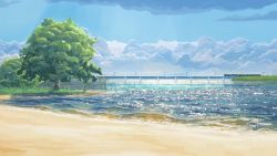 Rule 34 | arsenixc, beach, blue sky, bridge, cloud, cloudy sky, commentary, day, everlasting summer, game cg, highres, no humans, outdoors, power lines, reflection, sand, scenery, shore, sky, train, tree, waves