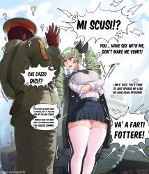 Rule 34 | 1boy, 1girl, ?, absurdres, anchovy (girls und panzer), angry, arms under breasts, breasts, closed eyes, dark-skinned male, dark skin, drill hair, english text, garter straps, girls und panzer, green eyes, green hair, highres, italian text, large breasts, looking at another, narrow waist, outdoors, panties, pink panties, puri (wettypeach), riding crop, sailor collar, thick thighs, thighhighs, thighs, translated, twin drills, underwear, upskirt, white thighhighs