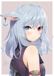 Rule 34 | 1girl, animal ears, warrior of light (ff14), bare shoulders, blue eyes, blue hair, blush, breasts, brown background, closed mouth, final fantasy, final fantasy xiv, heterochromia, highres, long hair, looking at viewer, miqo&#039;te, red eyes, signature, simple background, sleeveless, solo, upper body, yana mori