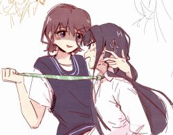 Rule 34 | 2girls, ahoge, awa subaru, black hair, blue eyes, blue sweater vest, blush, brown hair, collared shirt, commentary, diagonal-striped clothes, diagonal-striped necktie, eye contact, girls band cry, green necktie, hair ribbon, hand in another&#039;s hair, iseri nina, long hair, looking at another, multiple girls, necktie, necktie grab, neckwear grab, open mouth, ribbon, sangdingting, school uniform, shirt, short hair, short sleeves, short twintails, sidelocks, striped clothes, sweat, sweater vest, symbol-only commentary, twintails, upper body, white background, white ribbon, white shirt, yuri