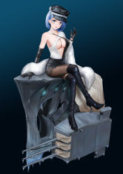 Rule 34 | 1girl, absurdres, alternate costume, artillery, asymmetrical gloves, azur lane, black background, black footwear, black gloves, black headwear, black pantyhose, black skirt, blue eyes, blue hair, boots, breasts, chapayev (azur lane), character name, cleavage, criss-cross halter, crossed legs, elbow gloves, feather boa, full body, gloves, gradient background, halterneck, high heel boots, high heels, highres, large breasts, looking at viewer, maidigou, miniskirt, mole, mole on breast, open mouth, pantyhose, sideboob, single bare shoulder, single elbow glove, sitting, skirt, stiletto boots, stiletto heels, thigh boots, thighband pantyhose, thighhighs, turret, underboob, uneven gloves