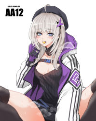 Rule 34 | 1girl, aa-12 (girls&#039; frontline), bad link, breasts, candy, dcinside, food, girls&#039; frontline, hood, hooded jacket, jacket, lollipop, second-party source, sitting, small breasts, solo, taesi, white background
