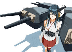 Rule 34 | 10s, 1girl, bare shoulders, black hair, closed eyes, collarbone, detached sleeves, fusou (kancolle), hair ornament, kantai collection, long hair, long sleeves, machinery, nontraditional miko, red skirt, shadow, shirubaburu, simple background, skirt, smile, solo, standing, turret, white background