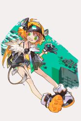 Rule 34 | 1girl, amiami, arknights, croissant (arknights), crop top, female focus, fur-trimmed jacket, fur trim, gloves, green eyes, hand in pocket, highres, horns, jacket, leaning forward, open mouth, orange hair, ponytail, shoes, short shorts, shorts, solo, tail, teeth, visor cap