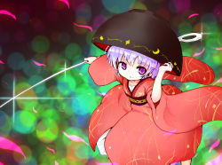 Rule 34 | &gt;:(, 1girl, bowl, bowl hat, frown, hand on headwear, hat, highres, holding, japanese clothes, kankokoa, kimono, looking at viewer, needle, petals, purple eyes, purple hair, short hair, simple background, solo, sukuna shinmyoumaru, touhou, v-shaped eyebrows