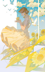 Rule 34 | 1girl, :o, bird, blue sky, brown hair, cloud, commentary, dappled sunlight, diamond earrings, dress, earrings, english commentary, feet out of frame, flower, full body, highres, holding, holding flower, itoucon, jewelry, leaf, open mouth, original, outdoors, ponytail, profile, railing, short hair, simple background, sky, sleeveless, sleeveless dress, solo, sunflower, sunlight, surprised, white background, yellow dress