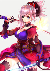 Rule 34 | 1girl, bandages, blue eyes, breasts, dual wielding, eyepatch, fate/grand order, fate (series), hairband, highres, holding, holding sword, holding weapon, japanese clothes, jazztaki, katana, kimono, long hair, looking at viewer, miyamoto musashi (fate), miyamoto musashi (second ascension) (fate), one-eyed, pink hair, ponytail, smile, solo, sword, thighs, weapon