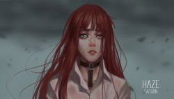 Rule 34 | 1girl, artist name, blue eyes, blunt bangs, choker, collar, collarbone, crying, crying with eyes open, facing viewer, green eyes, highres, lips, lipstick, long hair, looking at viewer, makeup, original, outdoors, parted lips, realistic, red hair, red lips, saturn (artist), saturn (satscarlet), sky, solo, streaming tears, tears, upper body, wet, wet clothes