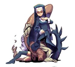 Rule 34 | 1girl, black thighhighs, breasts, closed eyes, clothes lift, double (skullgirls), dress, dress lift, eldritch abomination, eun dari, extra arms, extra legs, extra mouth, highres, long skirt, monster, nun, skirt, skirt lift, skullgirls, small breasts, solo, teeth, thighhighs, traditional nun, transparent background