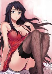Rule 34 | 1girl, bare shoulders, black hair, black thighhighs, blush, breasts, chemise, cleavage, covered erect nipples, floral print, hae-young na, highres, lace, lace-trimmed legwear, lace trim, large breasts, lips, long hair, official art, panties, purple eyes, purple panties, red panties, sitting, solo, soo-hyon lee, sweat, thighhighs, unbalance unbalance, unbalance x unbalance, underwear