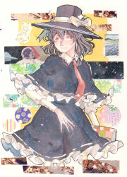 Rule 34 | 1girl, astronaut, black hair, black skirt, book, bow, brown eyes, expressionless, hair between eyes, hair bow, hat, hat bow, highres, holding, holding book, long skirt, long sleeves, necktie, postage stamp, red necktie, ribbon-trimmed clothes, ribbon-trimmed skirt, ribbon trim, seastar, shirt, short hair, sideways glance, skirt, solo, spacecraft, star (symbol), tie clip, touhou, usami renko, white shirt