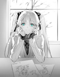 Rule 34 | 1girl, aqua eyes, bare tree, blush, chibi, closed mouth, creatures (company), desk, drawing, fujiwara no mokou, game freak, gen 1 pokemon, greyscale, hair between eyes, hair ribbon, hands on own face, hatsune miku, head rest, highres, holding, holding pencil, jokanhiyou, link, long sleeves, looking at viewer, monochrome, neck ribbon, nintendo, pencil, pikachu, pokemon, pokemon (creature), ribbon, smile, spot color, the legend of zelda, touhou, tree, twintails, vest, vocaloid, window