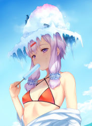 Rule 34 | 1girl, alternate costume, bare shoulders, bikini, bird, blue sky, breasts, cloud, commentary request, criss-cross halter, day, eating, food, hair ornament, hair scrunchie, hairclip, halterneck, hat, highres, ice, kogaran, low twintails, okhotsk yukari, open clothes, open mouth, open shirt, outdoors, penguin, popsicle, purple eyes, purple hair, red bikini, scrunchie, shaved ice, shirt, short hair with long locks, sky, small breasts, solo, sweat, swimsuit, twintails, vocaloid, voiceroid, yuzuki yukari