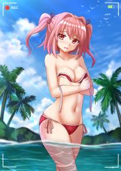 Rule 34 | 10s, 1girl, bare shoulders, bikini, blurry, blurry background, blush, breasts, cleavage, cloud, day, highres, hoshikawa hikayu, kazenokaze, looking at viewer, medium breasts, navel, open mouth, palm tree, partially submerged, partially underwater shot, pink eyes, pink hair, re:creators, recording, short hair, short twintails, side-tie bikini bottom, solo, standing, swimsuit, tears, tree, twintails, underwater, untied bikini, viewfinder, wading, water