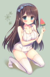 Rule 34 | 1girl, absurdres, bad id, bad pixiv id, bare arms, bare shoulders, blue bow, blue eyes, blue hairband, bow, breast hold, breasts, brown hair, cleavage, collarbone, commentary request, covered erect nipples, covered navel, food, green background, hair between eyes, hair bow, hairband, highres, holding, holding food, kouta., large breasts, long hair, no shoes, old school swimsuit, one-piece swimsuit, original, plaid, plaid bow, plaid hairband, popsicle, school swimsuit, solo, swimsuit, thighhighs, very long hair, watermelon bar, white one-piece swimsuit, white school swimsuit, white thighhighs