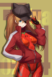 Rule 34 | 1girl, adjusting clothes, adjusting headwear, animal ears, animal hat, black gloves, blonde hair, blue eyes, bodysuit, breasts, brown background, brown hair, brown hat, cabbie hat, cat ears, closed mouth, commentary request, copyright name, cowboy shot, evangelion: 3.0 you can (not) redo, eyepatch, gloves, gluteal fold, hair between eyes, hand in pocket, hand on headwear, hand up, hat, highres, jacket, komi (komiking), long hair, long sleeves, mouth hold, neon genesis evangelion, open clothes, open jacket, plugsuit, puffy long sleeves, puffy sleeves, rebuild of evangelion, red bodysuit, red jacket, small breasts, solo, souryuu asuka langley, track jacket, two side up, v-shaped eyebrows