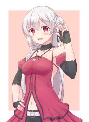 Rule 34 | .live, armpits, bassa, belt, braid, breasts, collarbone, fingerless gloves, gloves, hair ornament, hairclip, highres, holding, holding mahjong tile, looking at viewer, mahjong, mahjong tile, navel, open mouth, red eyes, side braid, silver hair, simple background, solo, virtual youtuber, yozakura tama