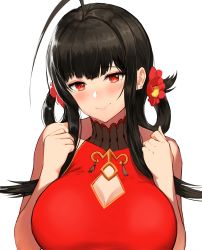 Rule 34 | 1girl, absurdres, ahoge, bad id, bad twitter id, bare shoulders, blunt bangs, blush, breasts, brown hair, china dress, chinese clothes, cleavage, cleavage cutout, closed mouth, clothing cutout, dress, dsr-50 (girls&#039; frontline), dsr-50 (red peony) (girls&#039; frontline), earrings, flower, girls&#039; frontline, greem bang, hair flower, hair ornament, hands up, highres, jewelry, large breasts, long hair, looking at viewer, official alternate costume, red dress, red eyes, sidelocks, simple background, smile, solo, very long hair, white background