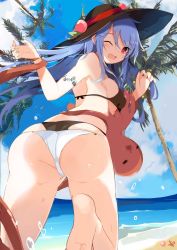 Rule 34 | 1girl, ass, bare arms, bare legs, bare shoulders, barefoot, beach, bikini, bikini bottom only, black bikini, black headwear, blue hair, blue sky, breasts, cloud, commentary request, cowboy shot, crab, day, food, from behind, fruit, hair between eyes, highres, hinanawi tenshi, large breasts, layered bikini, leaf, long hair, looking at viewer, looking back, ocean, octopus, one eye closed, open mouth, outdoors, palm tree, peach, red eyes, sidelocks, sky, solo, swimsuit, tears, tetsurou (fe+), thighs, touhou, tree, twisted torso, water drop, whale tail (clothing), white bikini