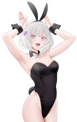 Rule 34 | 1girl, :d, albino, animal ears, armpits, arms up, bad id, bad twitter id, bare shoulders, black bow, black bowtie, black wrist cuffs, blush, bow, bowtie, breasts, buttons, collar, commentary, detached collar, female focus, fish hair ornament, hair between eyes, hair ornament, highres, leotard, looking at viewer, medium breasts, nacchan (ohisashiburi), ohisashiburi, open mouth, original, pink eyes, playboy bunny, rabbit ears, rabbit tail, short hair, silver hair, simple background, sleeve cuffs, smile, solo, symbol-only commentary, tail, upper body, white background, wrist cuffs
