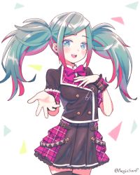 Rule 34 | 1girl, :d, aegissanp, artist name, belt, blue eyes, blue hair, bow, bowtie, buttons, double-breasted, foreshortening, hair ornament, hairclip, hand on own chest, hatsune miku, highres, jacket, layered skirt, leo/need (project sekai), leo/need miku, long hair, looking at viewer, multicolored hair, open mouth, parted bangs, pink hair, plaid, pleated skirt, project sekai, reaching, reaching towards viewer, safety pin, skirt, smile, solo, thighhighs, triangle, twintails, two-tone hair, wrist cuffs