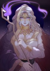 Rule 34 | 1girl, absurdres, chuo4016, facial mark, fire, floating hair, hair ornament, highres, holding, holding wand, jewelry, long hair, looking at viewer, purple eyes, sky: children of the light, snoozing carpenter, solo, tassel, tassel hair ornament, veil removed, wand, white hair