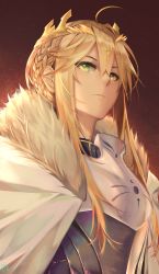 Rule 34 | 1girl, absurdres, armor, artoria pendragon (fate), artoria pendragon (lancer) (fate), bad id, bad pixiv id, blonde hair, braid, braided bun, cape, fate/grand order, fate (series), french braid, from below, fur trim, green eyes, hair between eyes, hair bun, highres, kamoboko, looking at viewer, short hair with long locks, sidelocks, solo, upper body, white cape