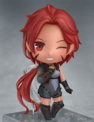 Rule 34 | 1girl, arm guards, blush, chibi, commission, earrings, eyebrows, full body, grin, highres, jewelry, long hair, looking at viewer, nendoroid, one eye closed, original, parted bangs, parted lips, ponytail, red eyes, red hair, shiori2525, smile, solo, tan, teeth, very long hair