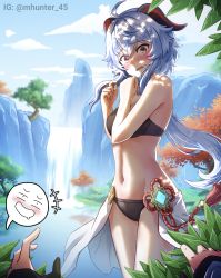 Rule 34 | 2girls, :d, :o, ahoge, alternate costume, arm guards, bikini, black bikini, blue hair, blue sky, blurry, blush, breasts, brown eyes, cleavage, cliff, cloud, cloudy sky, commentary, depth of field, embarrassed, english commentary, ganyu (genshin impact), genshin impact, hair between eyes, highres, horns, instagram username, long hair, looking at viewer, lumine (genshin impact), mhunter 45, multiple girls, navel, open mouth, out of frame, pov, sidelocks, sky, smile, spoken expression, stomach, surprised, swimsuit, tree, tree shade, vision (genshin impact), water, waterfall