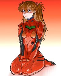 Rule 34 | 1girl, artist request, blue eyes, blush, bodysuit, breasts, brown hair, gradient background, highres, interface headset, lips, long hair, medium breasts, neon genesis evangelion, orange background, plugsuit, red bodysuit, shiny clothes, simple background, sitting, solo, souryuu asuka langley, two side up, white background, wide hips